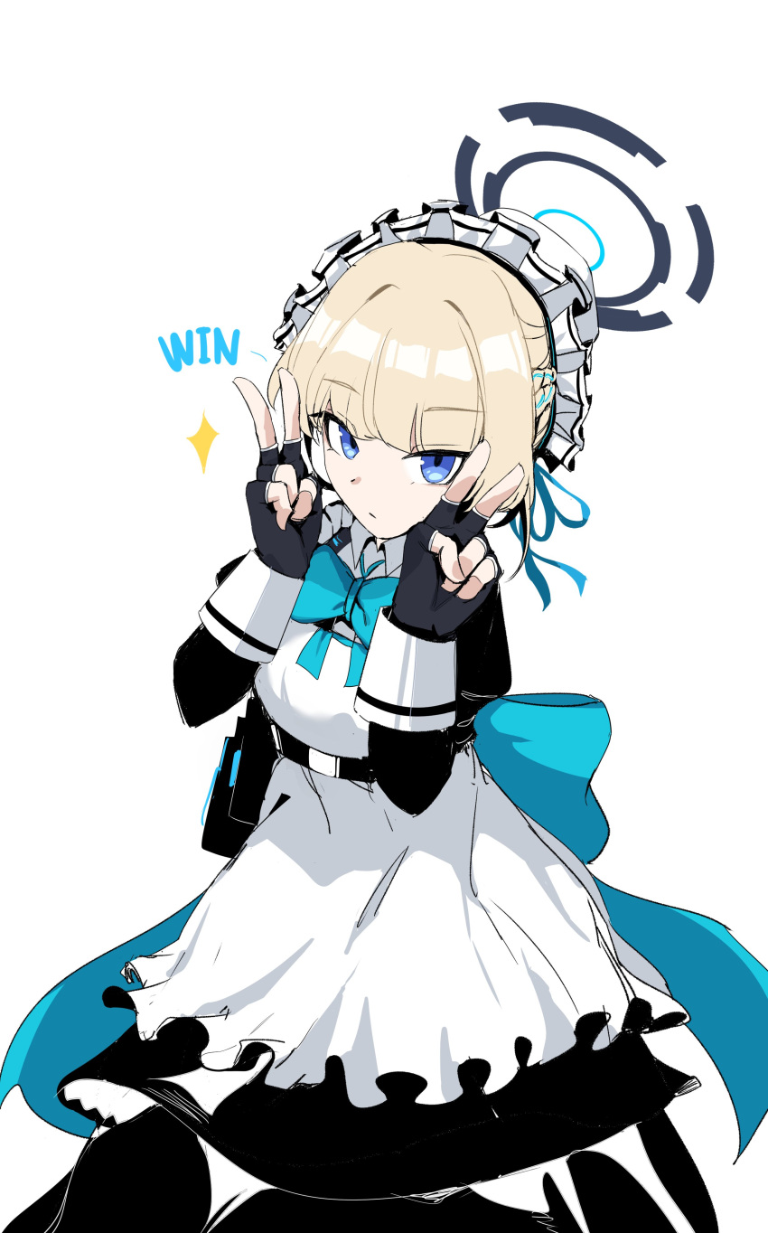 1girl, absurdres, black_gloves, blonde_hair, blue_archive, blue_eyes, double_v, expressionless