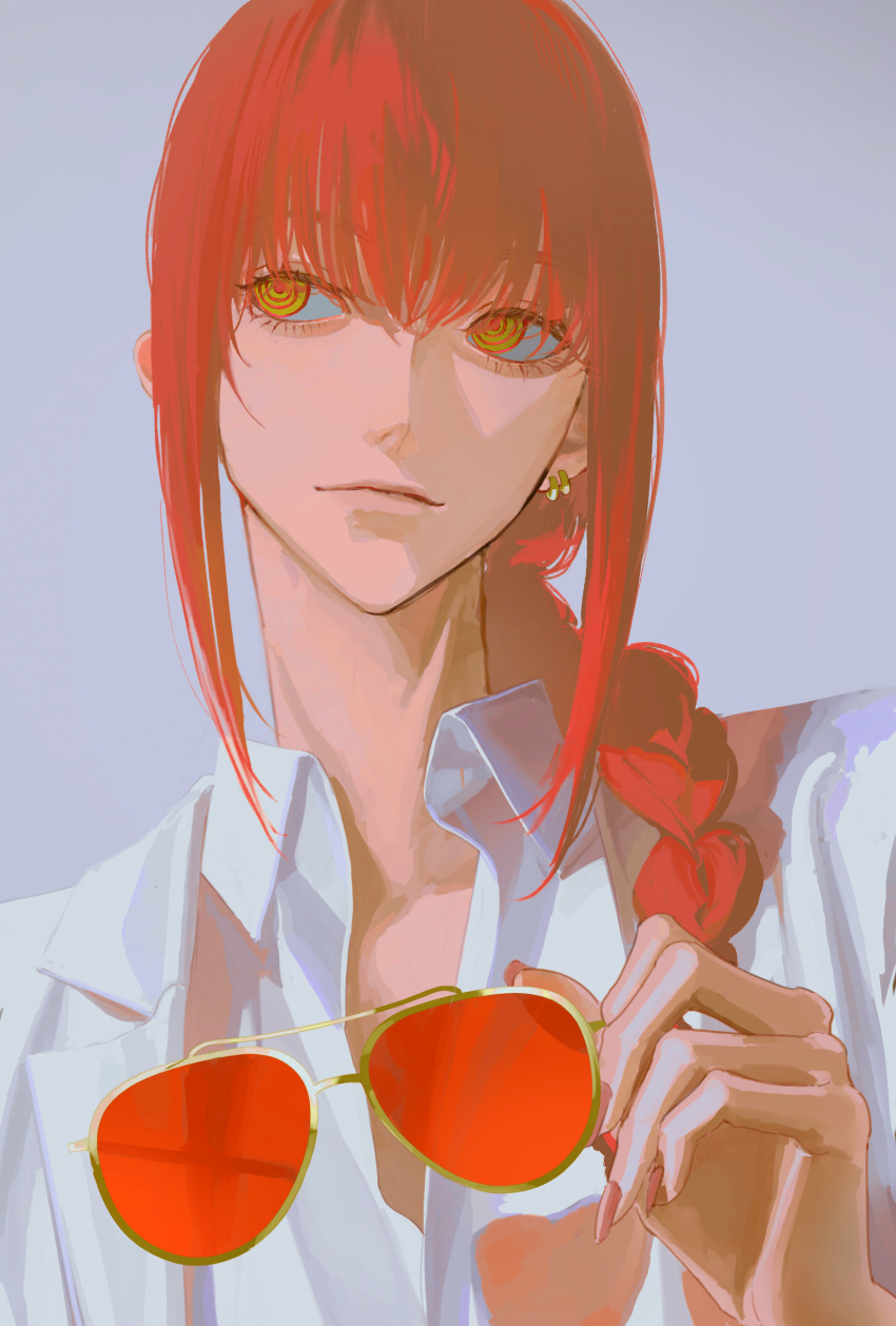 1girl, absurdres, braid, braided_ponytail, chainsaw_man, ear_piercing, eyewear_removed, grey_background
