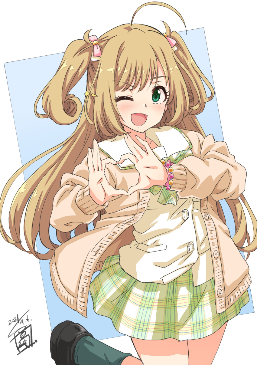 1girl, absurdres, ahoge, blonde_hair, blue_background, blush, breasts, brown_cardigan, cardigan, collarbone, dated, green_eyes, green_skirt, green_socks, grid_background, hair_ornament, hair_ribbon, heart, heart_hands, highres, idolmaster, idolmaster_cinderella_girls, idolmaster_cinderella_girls_starlight_stage, large_breasts, loafers, long_hair, looking_at_viewer, neck_ribbon, one_eye_closed, open_cardigan, open_clothes, open_mouth, pink_ribbon, plaid, plaid_ribbon, plaid_skirt, ribbon, sato_shin, satou_shin, school_uniform, sekiya_kuzuyu, shirt, shoes, signature, skirt, smile, socks, solo, standing, standing_on_one_leg, twintails, two_side_up, white_shirt