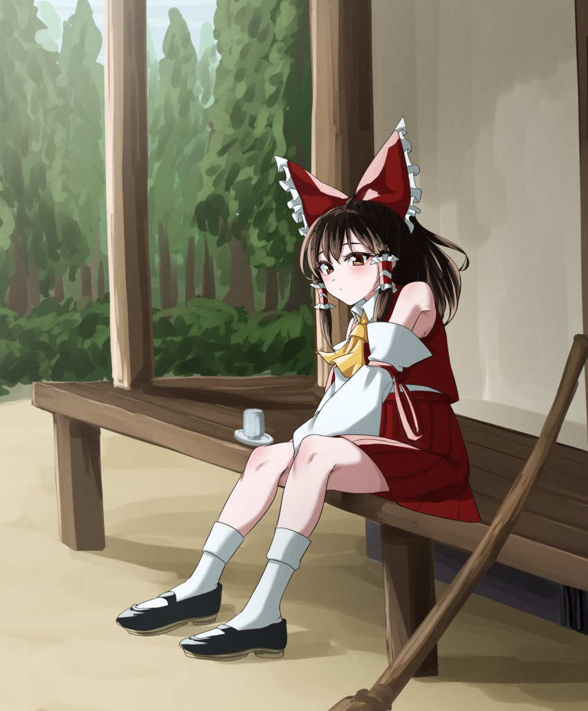 1girl, alinoce716, ascot, bow, broom, brown_eyes, brown_hair, bush