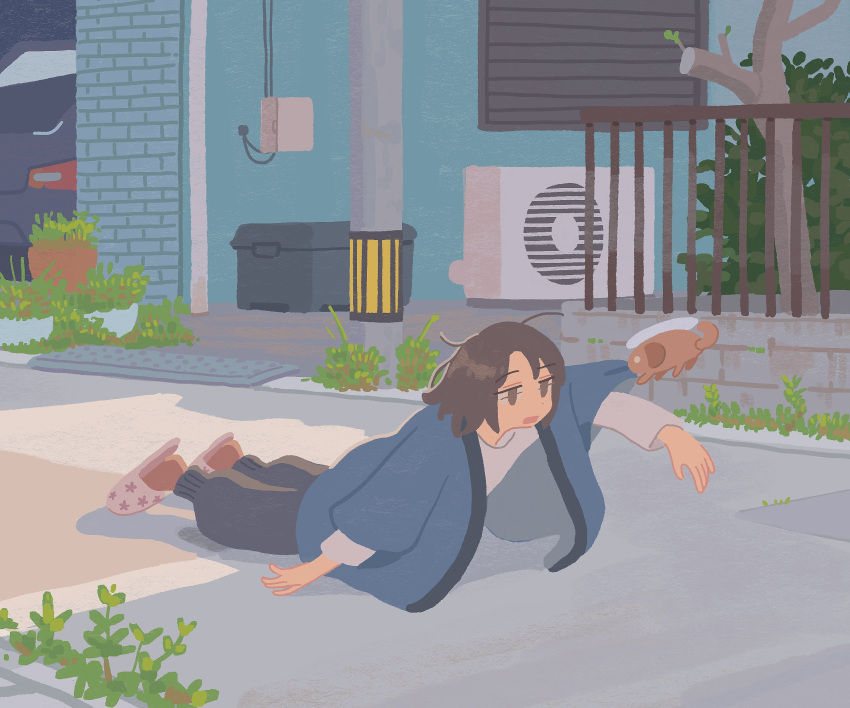 1girl, black_pants, blue_jacket, brown_eyes, brown_hair, car, clothes_grab, commentary