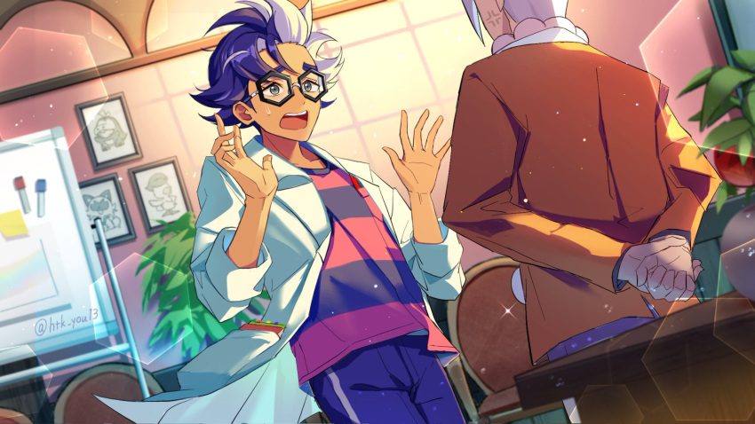 2boys, anger_vein, arms_behind_back, black-framed_eyewear, chair, clavell_(pokemon), coat, commentary_request