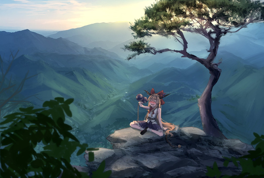 1girl, :d, arm_support, black_footwear, blonde_hair, blush, bo_cota, bow, bowtie, chain, closed_eyes, clouds, commentary, dawn, drunk, gourd, hair_bow, highres, holding, horn_ornament, horn_ribbon, horns, ibuki_suika, long_hair, mountainous_horizon, oni_horns, open_mouth, purple_ribbon, purple_skirt, red_bow, red_bowtie, ribbon, rock, shirt, shoes, sitting, skirt, sky, smile, socks, solo, sunrise, touhou, tree, very_long_hair, white_shirt, white_socks, wide_shot, wrist_cuffs