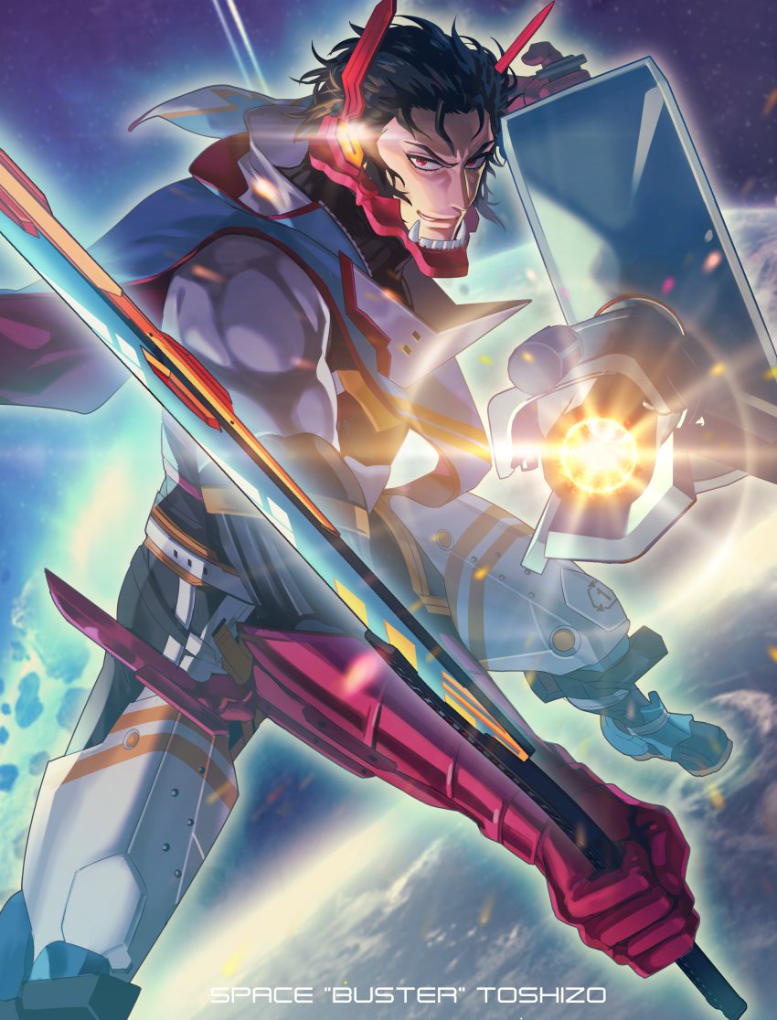 1boy, black_hair, bv_illust, character_name, energy_gun, fate/grand_order, fate_(series), gun, hijikata_toshizou_(dream_portrait)_(fate), hijikata_toshizou_(fate), katana, laser, laser_cannon, laser_rifle, looking_at_viewer, male_focus, power_suit, red_eyes, shinsengumi, short_hair, smile, space, sword, weapon