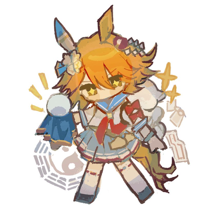 1girl, absurdres, animal_ears, backpack, bag, blue_sailor_collar, bow, bracelet, brown_eyes, casane_(c-06), chibi, clover_hair_ornament, crystal_ball, ear_covers, flipped_hair, four-leaf_clover_hair_ornament, full_body, hair_ornament, hand_up, head_tilt, highres, holding, horse_ears, horse_girl, horse_tail, jewelry, looking_at_viewer, matikanefukukitaru_(umamusume), neckerchief, no_mouth, notice_lines, omamori, omikuji, orange_hair, pleated_skirt, red_bow, red_neckerchief, sailor_collar, school_uniform, serafuku, shide, shirt, short_hair, short_sleeves, single_ear_cover, skirt, sleeve_bow, solo, sparkle, star-shaped_pupils, star_(symbol), symbol-shaped_pupils, tail, thigh-highs, umamusume, v-shaped_eyebrows, white_background, white_shirt, white_thighhighs, yellow_pupils, yin_yang