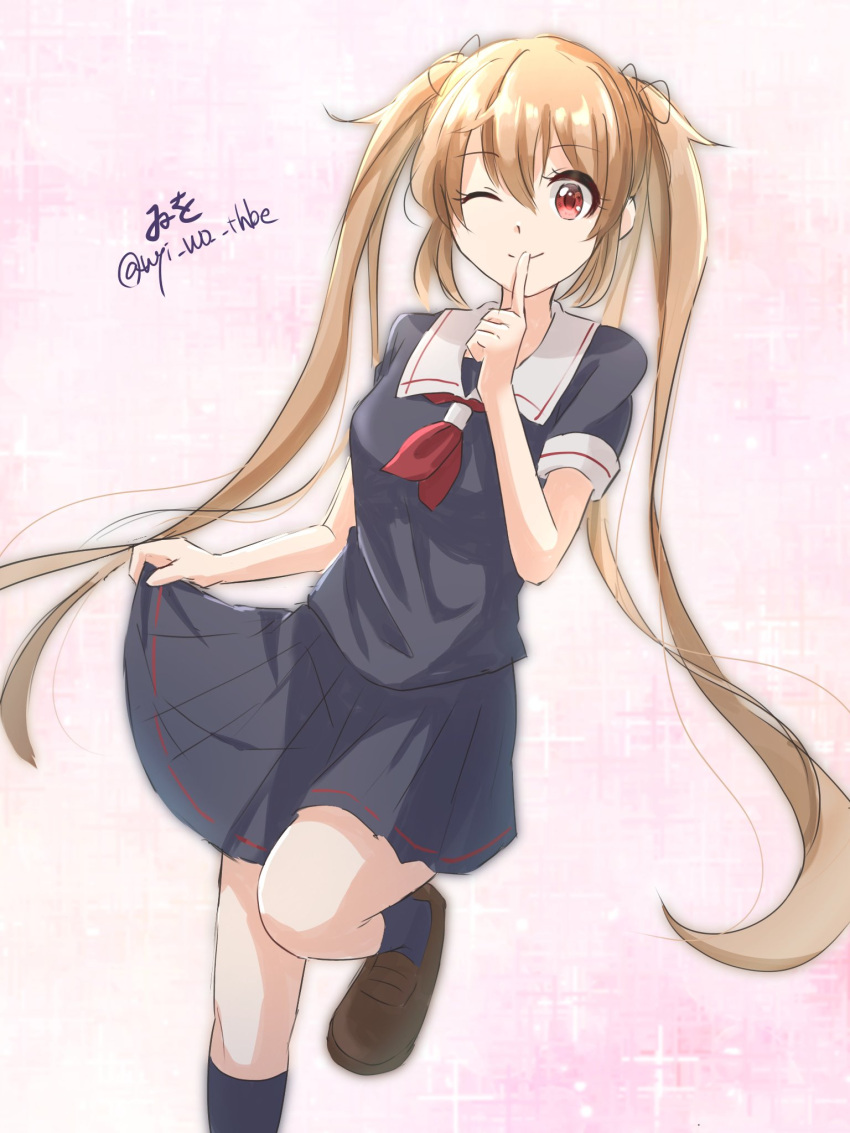 1girl, black_serafuku, black_shirt, black_skirt, black_socks, brown_eyes, brown_footwear, feet_out_of_frame
