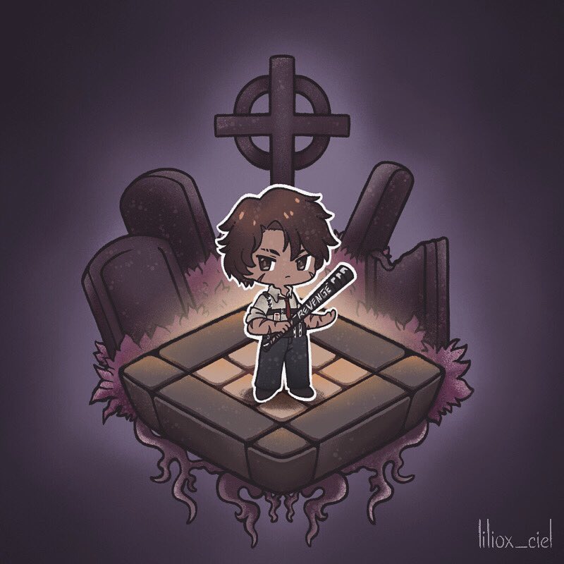 1boy, alternate_eye_color, baseball_bat, black_pants, brown_eyes, brown_hair, chibi, closed_mouth, collared_shirt, commentary, dark-skinned_male, dark_skin, heathcliff_(limbus_company), holding, holding_baseball_bat, light_frown, liliox_ciel, limbus_company, male_focus, necktie, no_nose, pants, project_moon, red_necktie, scar, scar_on_arm, scar_on_cheek, scar_on_face, shirt, sleeves_rolled_up, solo, white_shirt
