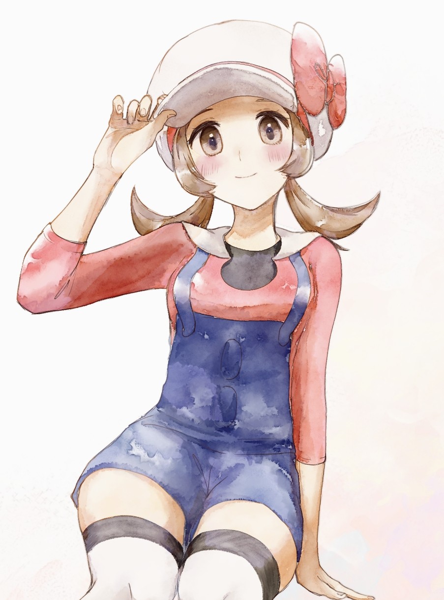 1girl, arm_support, asuka_rkgk, blue_overalls, blush, bow, brown_eyes, brown_hair, cabbie_hat, closed_mouth, hand_on_headwear, hand_up, hat, hat_bow, highres, long_hair, looking_at_viewer, lyra_(pokemon), overalls, pokemon, pokemon_(game), pokemon_hgss, red_bow, red_shirt, shirt, simple_background, sitting, smile, solo, thigh-highs, twintails, white_background, white_headwear