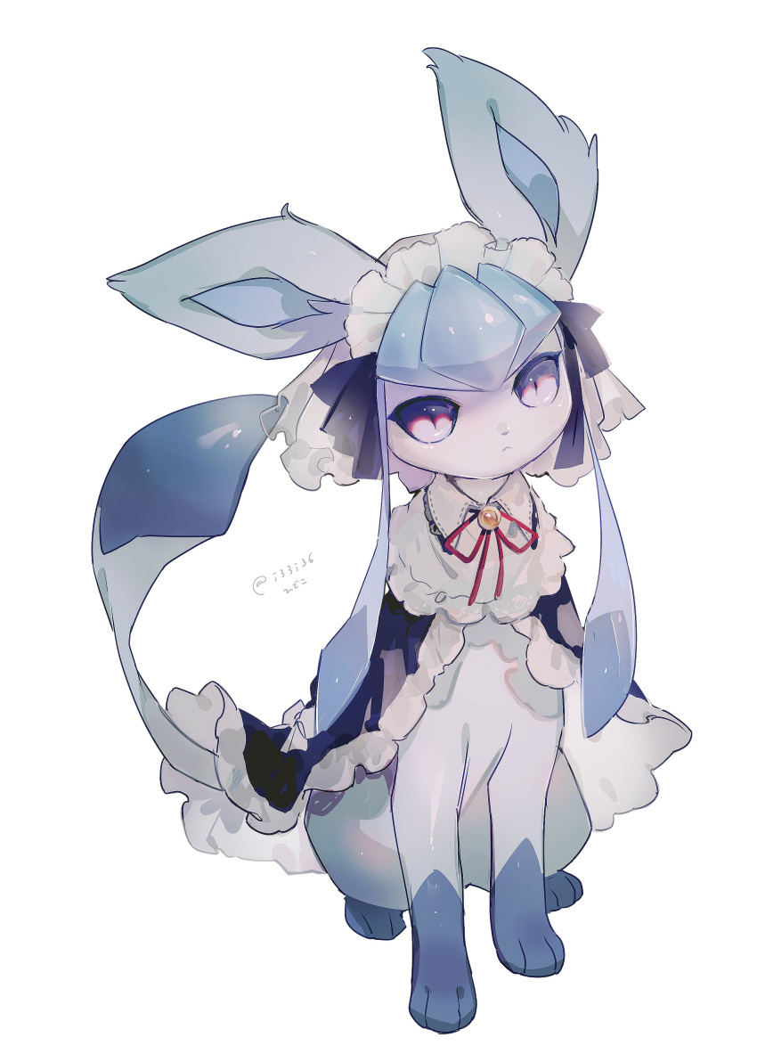 :<, absurdres, black_ribbon, capelet, closed_mouth, clothed_pokemon, commentary, frilled_capelet, frills, glaceon, glaceon_(tea_party), gradient_eyes, hideko_(l33l3b), highres, maid_headdress, multicolored_eyes, no_humans, pokemon, pokemon_(creature), pokemon_(game), pokemon_unite, red_ribbon, ribbon, twitter_username, white_background, wing_collar