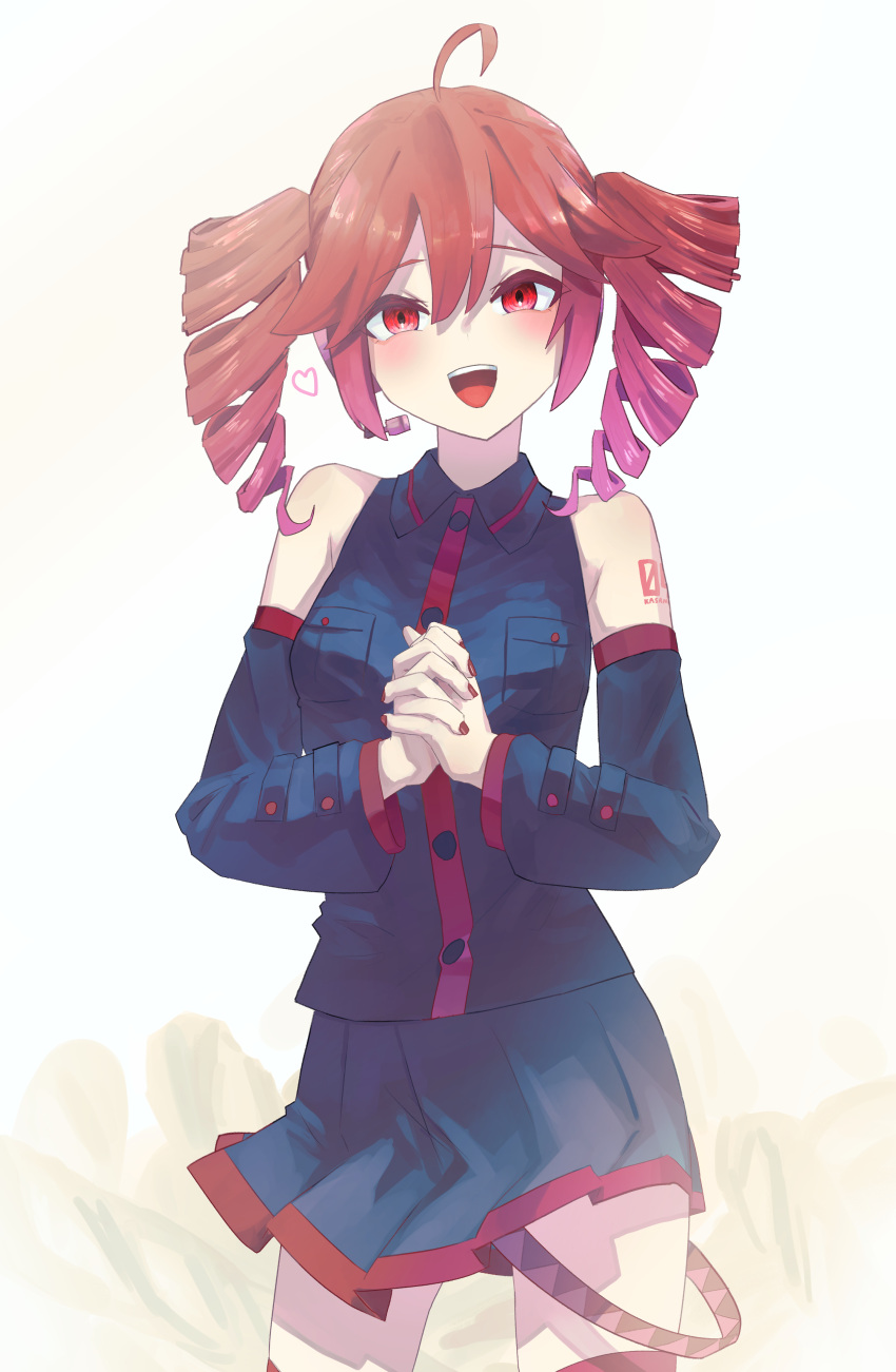 1girl, absurdres, ahoge, bare_shoulders, belt, blue_shirt, blue_skirt, breast_pocket, commentary, cowboy_shot, detached_sleeves, drill_hair, headphones, highres, kasane_teto, looking_at_viewer, miniskirt, open_mouth, own_hands_clasped, own_hands_together, pleated_skirt, pocket, red_eyes, red_nails, redhead, shirt, short_hair, shoulder_tattoo, skirt, smile, solo, standing, tattoo, twin_drills, twintails, uranosebi, utau, white_background