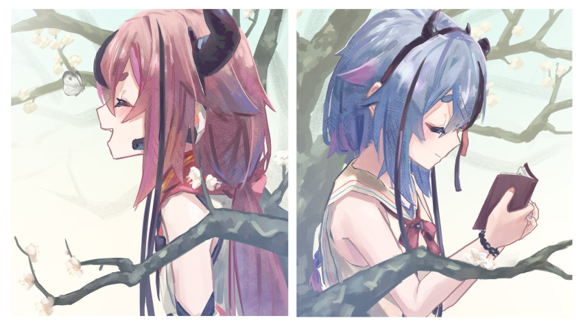 2girls, absurdres, back-to-back, bare_tree, blue_hair, book, bracelet, braid