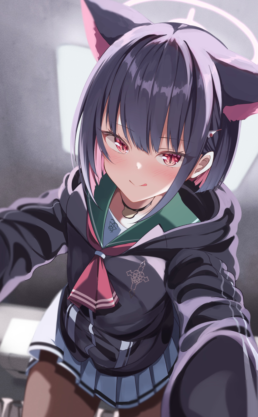 1girl, :q, acchii_(akina), all_fours, animal_ears, black_choker, black_hair, black_pantyhose