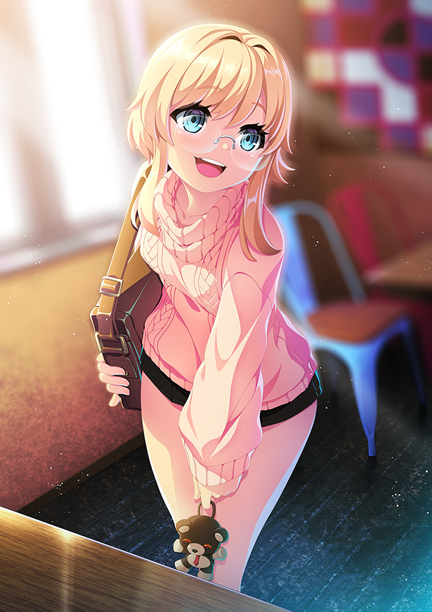 1girl, aqua_eyes, black_shorts, blonde_hair, bridget_(guilty_gear), female_focus, guilty_gear, guilty_gear_strive, long_sleeves, looking_at_viewer, nakada, open_mouth, pink_sweater, roger_(guilty_gear), round_eyewear, short_hair_with_long_locks, shorts, smile, sweater