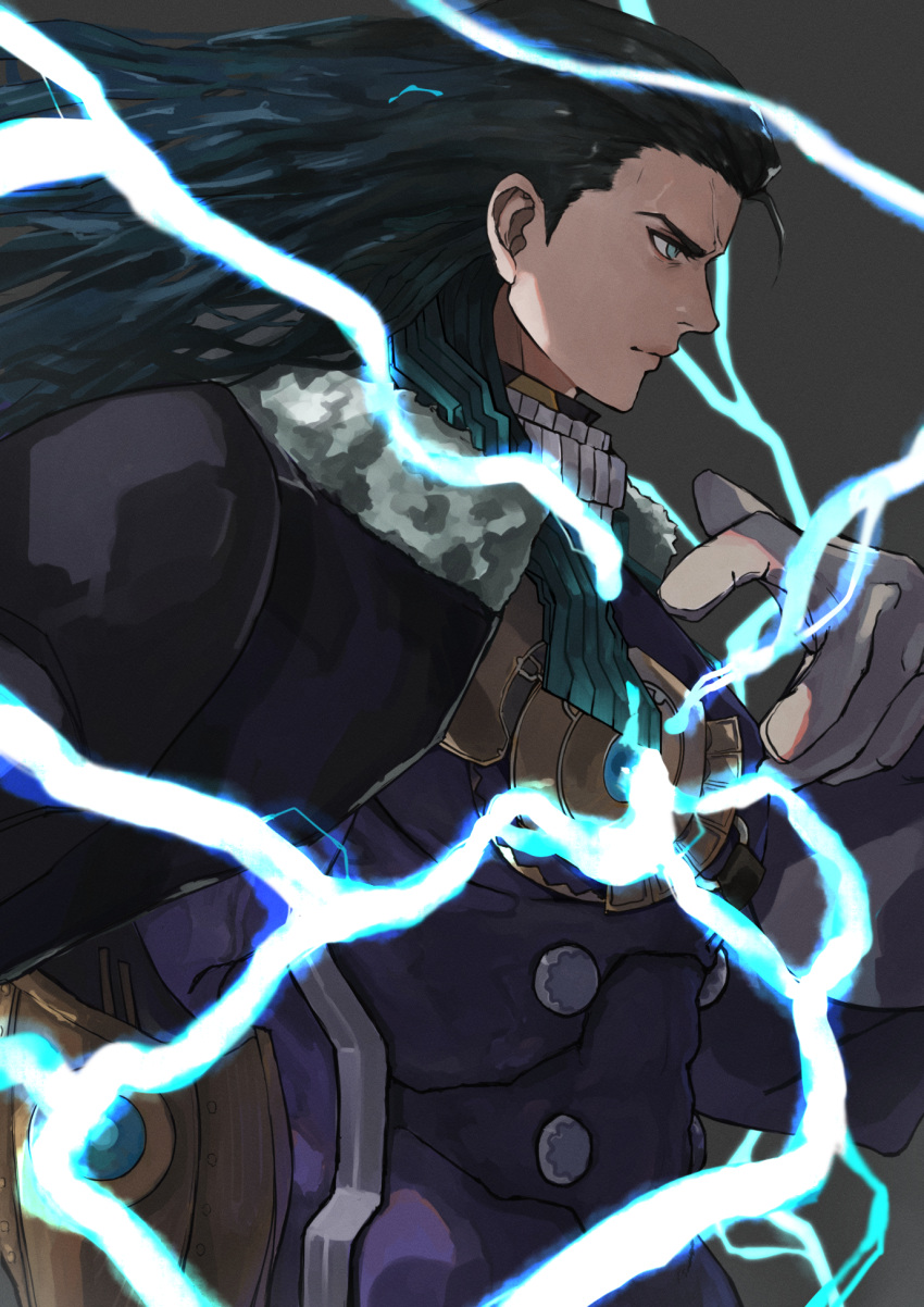 1boy, black_hair, blue_eyes, coat, coat_on_shoulders, electricity, fate/grand_order, fate_(series), gauntlets, gloves, grey_background, highres, kdm_(ke_dama), long_hair, male_focus, nikola_tesla_(fate), profile, single_gauntlet, white_gloves