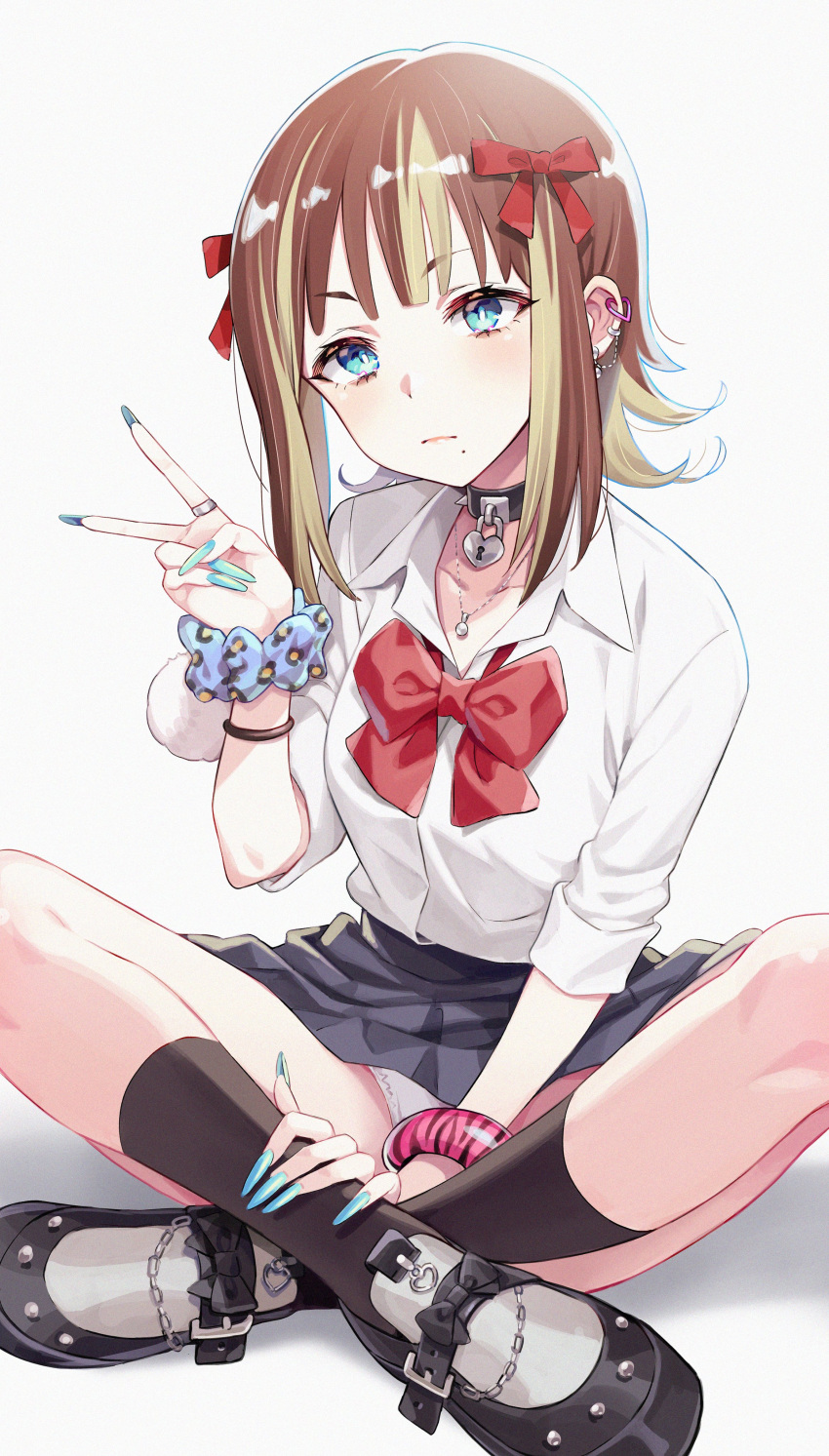 1girl, absurdres, amami_haruka, aqua_eyes, aqua_nails, bangle, black_skirt, black_socks, blonde_hair, bow, bowtie, bracelet, brown_hair, collar, commentary_request, crossed_legs, ear_piercing, earrings, fingernails, highres, idolmaster, jewelry, kunikune, long_fingernails, long_hair, looking_at_viewer, mole, mole_under_mouth, multicolored_hair, on_ground, panties, piercing, ring, school_uniform, scrunchie, shirt, short_hair, sitting, skirt, sleeves_rolled_up, socks, solo, spiked_collar, spikes, streaked_hair, underwear, v, white_panties, white_shirt, wrist_scrunchie