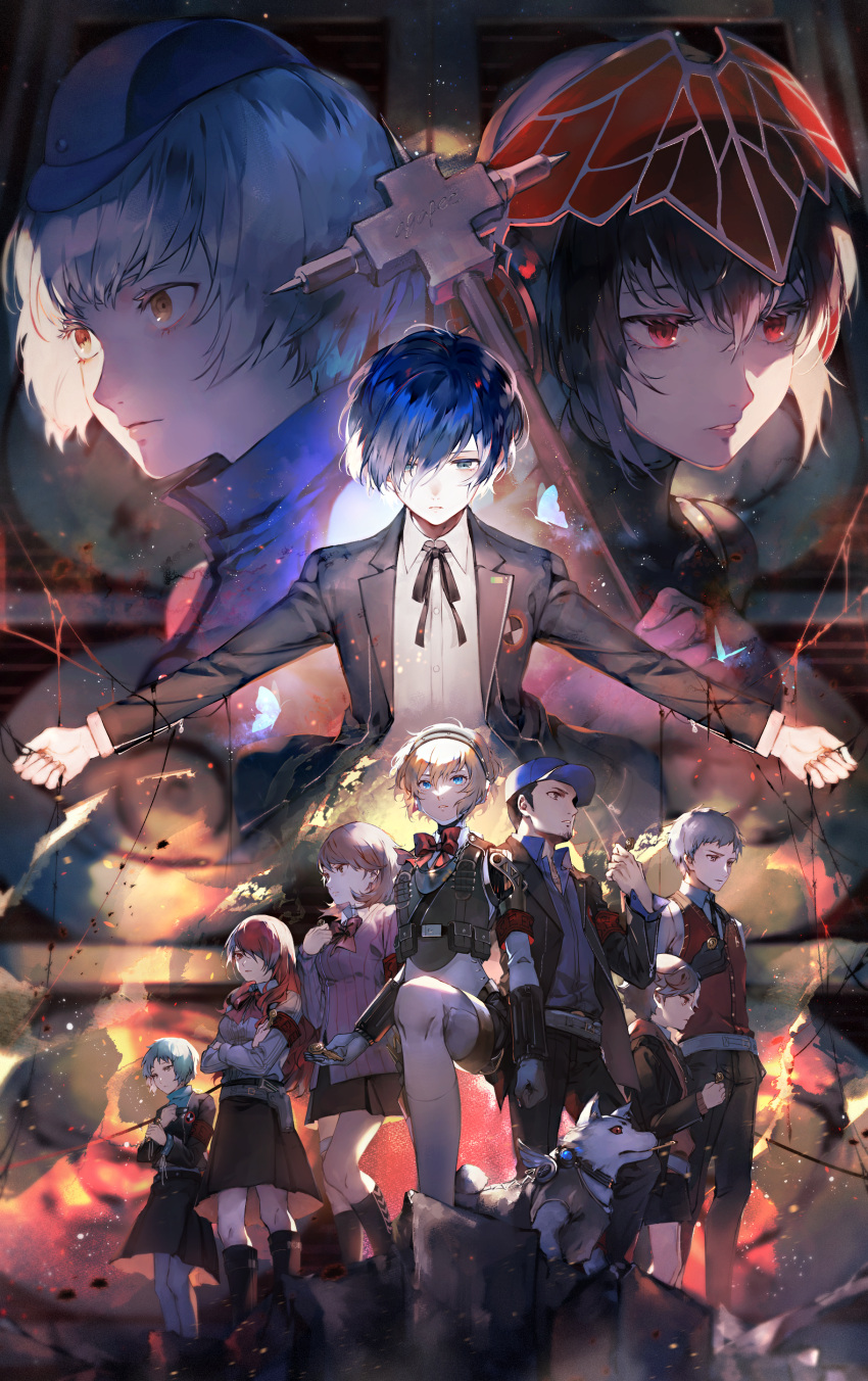 4boys, 6+girls, absurdres, aegis_(persona), amada_ken, android, animal, aqua_eyes