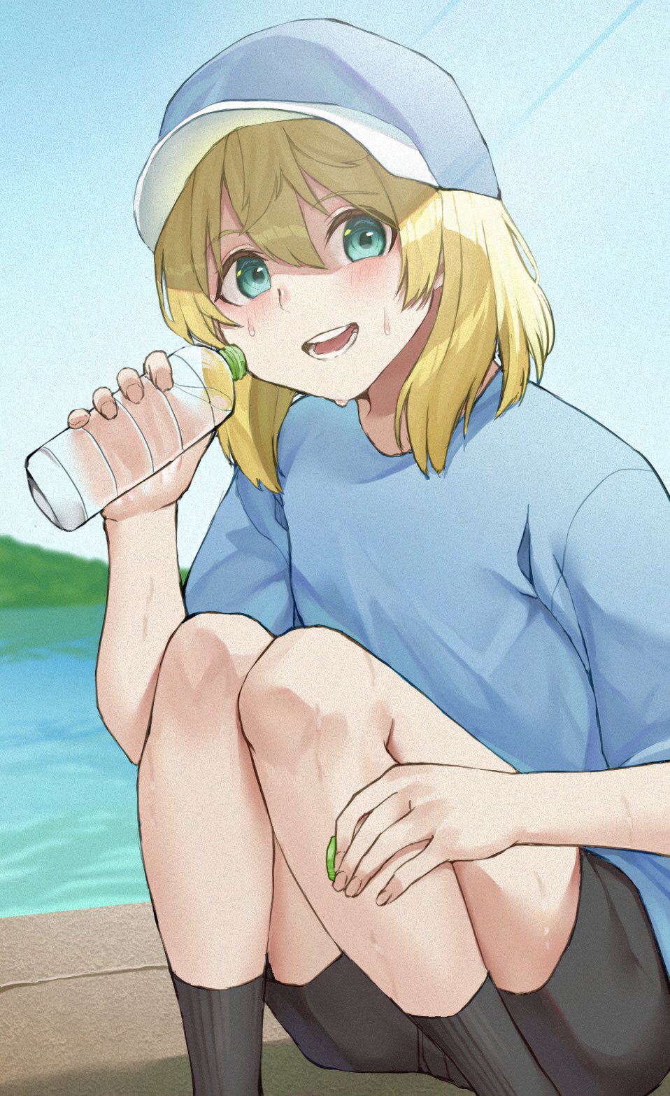 1girl, alternate_costume, aqua_eyes, baseball_cap, black_shorts, blonde_hair, blue_headwear, blue_shirt