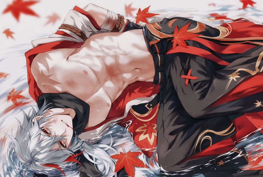 1boy, abs, armor, bandaged_arm, bandages, black_pants, blood, blood_from_mouth