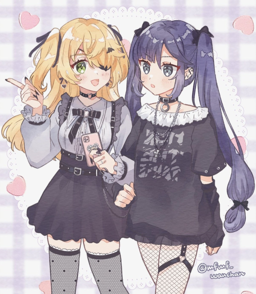 2girls, alternate_costume, arm_warmers, black_choker, black_nails, black_ribbon, black_shirt, black_skirt, blonde_hair, blue_eyes, blush, choker, commentary_request, earrings, eyepatch, fischl_(genshin_impact), fishnet_pantyhose, fishnets, genshin_impact, green_eyes, hair_ribbon, heart, heart_earrings, highres, jewelry, long_hair, mona_(genshin_impact), multiple_girls, necklace, pantyhose, purple_hair, ribbon, shirt, skirt, thigh-highs, twintails, two_side_up, wanmofu