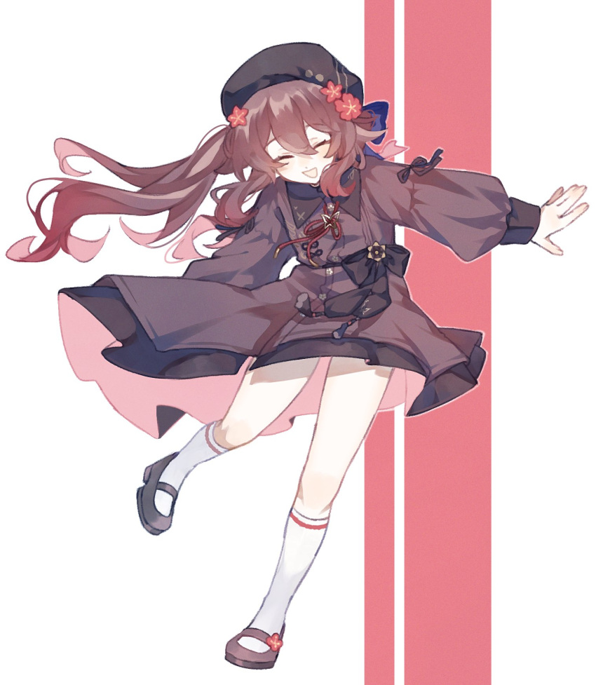1girl, alternate_costume, black_headwear, brown_dress, brown_footwear, brown_hair, closed_eyes, commentary_request
