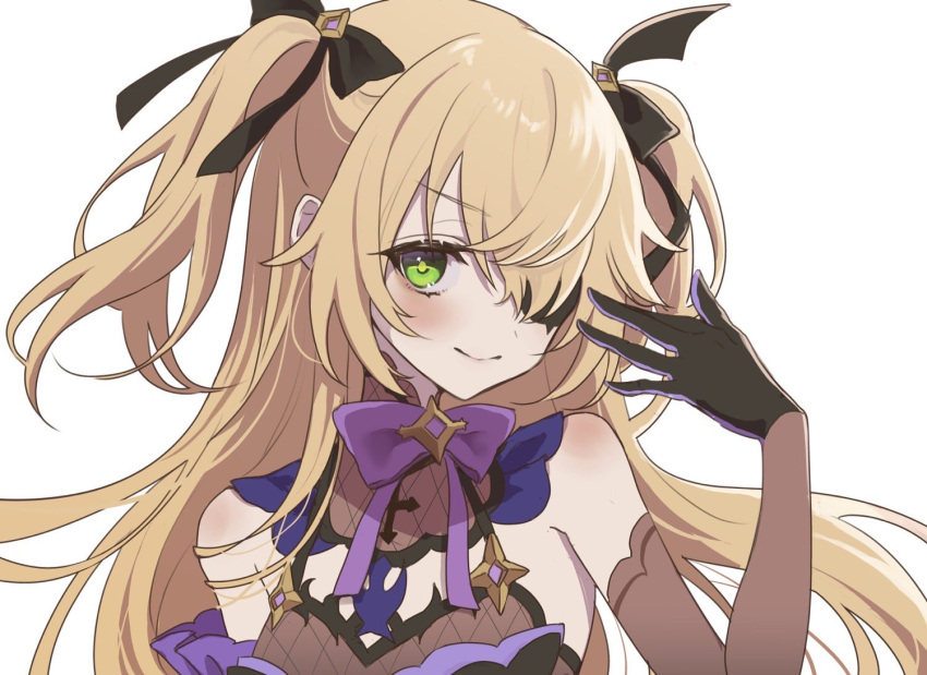 1girl, black_gloves, black_ribbon, blonde_hair, blush, bow, bowtie, collar