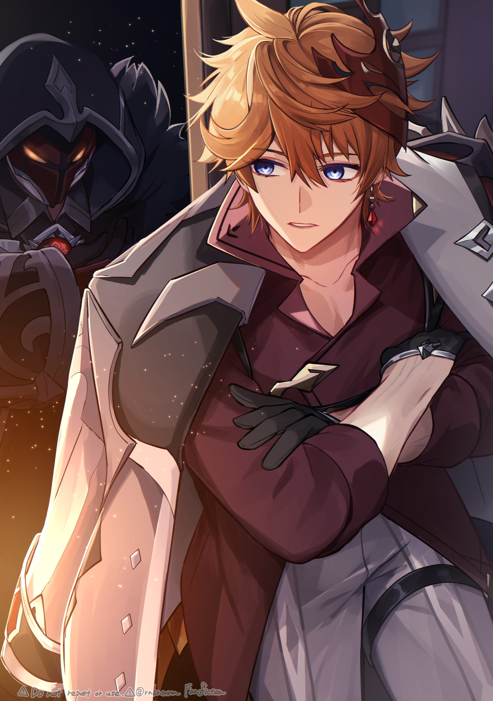 2boys, black_gloves, blue_eyes, commentary_request, crossed_arms, earrings, fatui_pyro_agent_(genshin_impact), genshin_impact