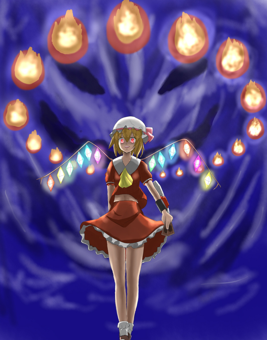blonde_hair, duel_disk, fire, flandre_scarlet, glowing_eyes, nawate_(dij), red_eyes, shuuen_no_countdown