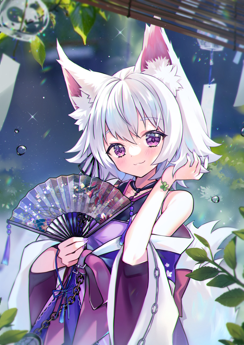 07touka25, 1girl, :3, absurdres, alba_mofu, animal_ears, clover, folding_fan