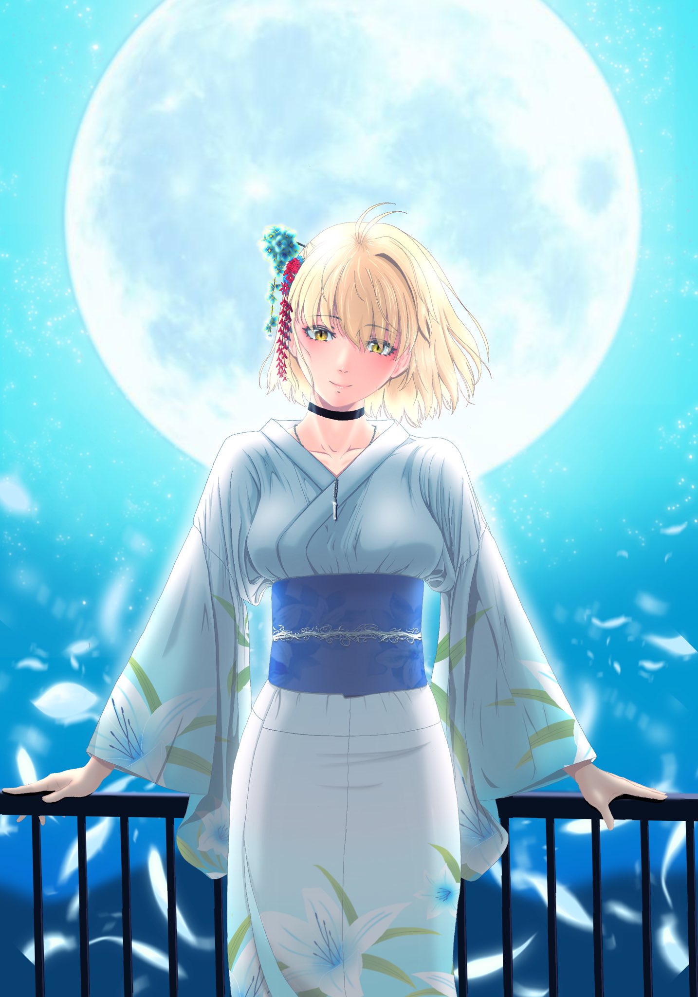 1girl, against_railing, alternate_eye_color, antenna_hair, arcueid_brunestud, black_choker, blonde_hair, blue_flower, blue_sky, breasts, choker, collarbone, floating_hair, floral_print, flower, full_moon, glowing, hair_flower, hair_ornament, hand_on_railing, highres, japanese_clothes, jewelry, kimono, lily_print, loannes, medium_breasts, moon, moonlight, morning_glory, necklace, obi, petals, print_kimono, railing, red_flower, sash, short_hair, sky, slit_pupils, smile, solo, standing, tsukihime, tsukihime_(remake), white_kimono, wide_sleeves, yellow_eyes, yukata