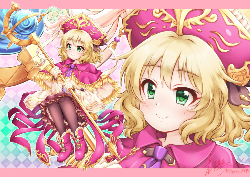 1girl, argyle, argyle_background, black_pantyhose, blonde_hair, blush, boots, brown_skirt