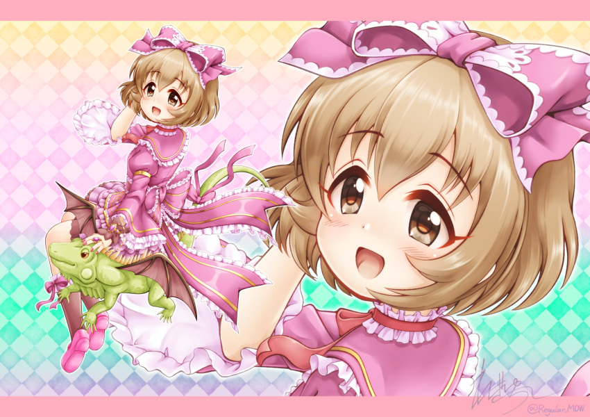 1girl, :d, animal, argyle, argyle_background, blush, bow, brown_eyes