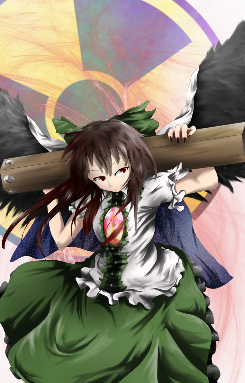 1girl, arm_cannon, black_wings, bow, brown_hair, buttons, cape, center_frills, charnoe, closed_mouth, collared_shirt, cowboy_shot, feathered_wings, fingernails, frilled_shirt, frilled_shirt_collar, frilled_skirt, frilled_sleeves, frills, gimp_(medium), green_bow, green_skirt, hair_bow, highres, long_hair, nail_polish, over_shoulder, puffy_short_sleeves, puffy_sleeves, radiation_symbol, red_eyes, red_nails, reiuji_utsuho, sharp_fingernails, shirt, short_sleeves, skirt, solo, touhou, weapon, weapon_over_shoulder, white_cape, white_shirt, wings