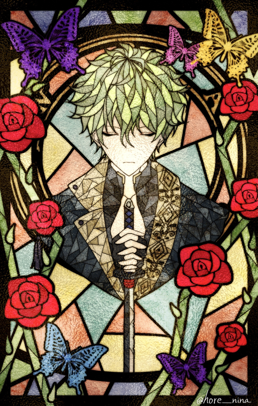 1boy, akuma_shitsuji_to_kuroi_neko, black_jacket, blue_butterfly, bug, butterfly, closed_eyes, facing_viewer