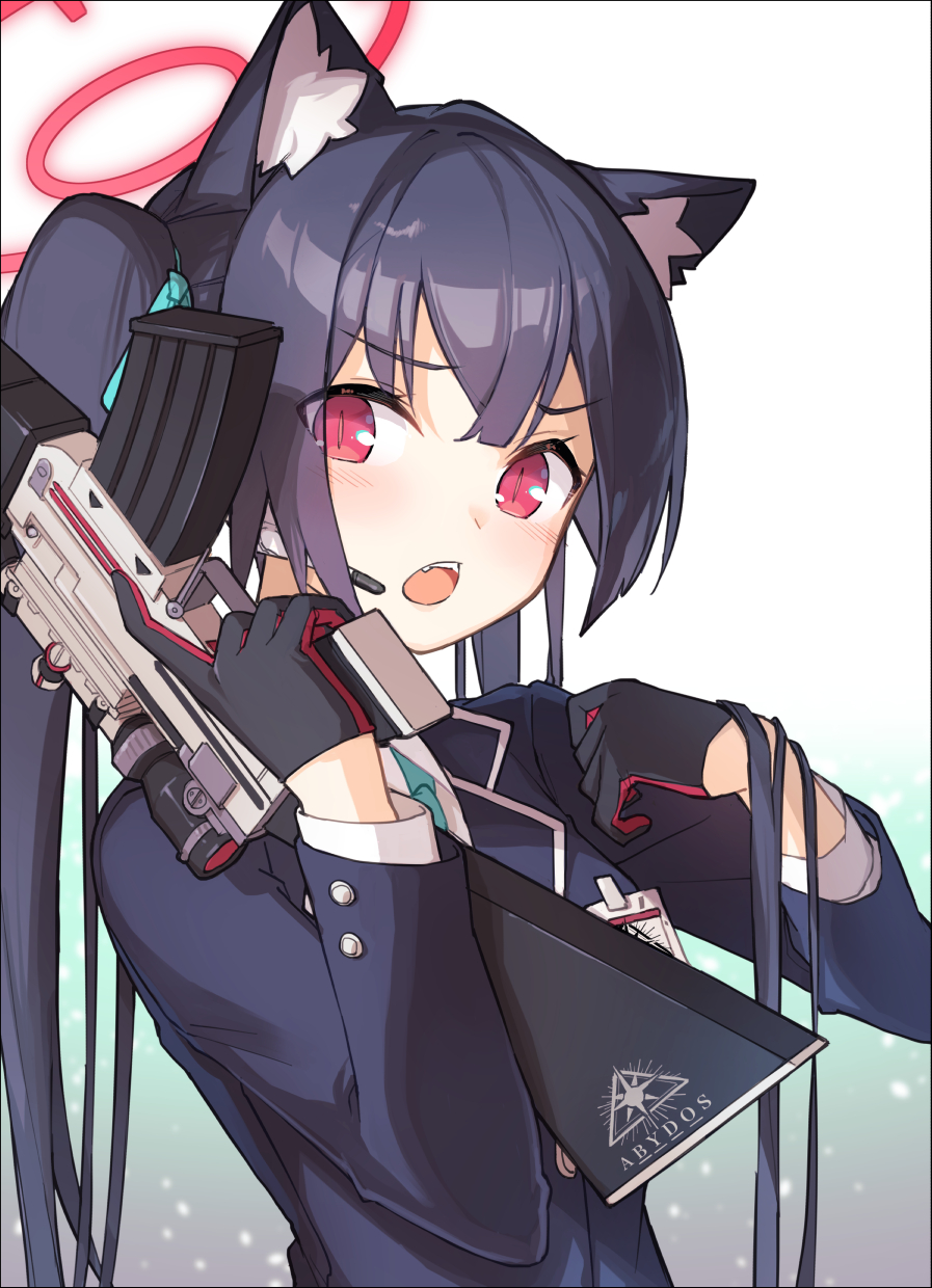 1girl, animal_ear_fluff, animal_ears, aqua_necktie, beretta_ar70, black_hair, blazer, blue_archive, cat_ears, collared_shirt, commentary_request, earpiece, fang, gun, hair_ribbon, halo, highres, holding, holding_gun, holding_weapon, id_card, jacket, long_hair, long_sleeves, looking_at_viewer, looking_to_the_side, miya_kazutomo, necktie, open_mouth, red_eyes, ribbon, school_uniform, serika_(blue_archive), shirt, solo, teeth, twintails, two-tone_gloves, upper_body, upper_teeth_only, weapon