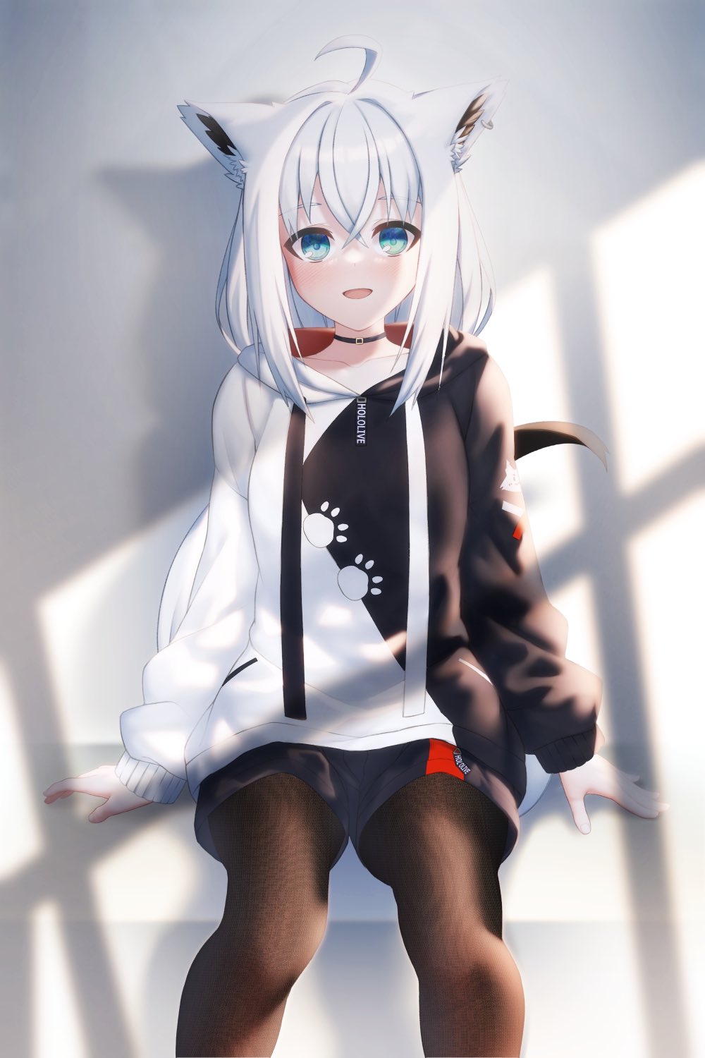1girl, ahoge, animal_ear_fluff, animal_ears, black_hoodie, black_pantyhose, black_shorts, blush