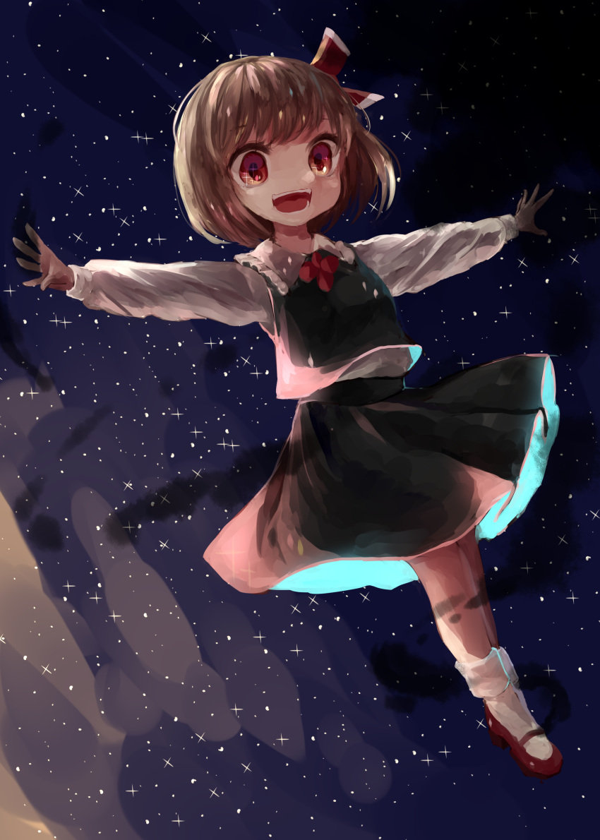 1girl, absurdres, black_skirt, black_vest, blonde_hair, collared_shirt, dark_background, frilled_shirt_collar, frills, full_body, highres, ijen_(ljenejl), long_sleeves, looking_at_viewer, mary_janes, open_mouth, outdoors, red_eyes, red_footwear, rumia, shirt, shoes, short_hair, skirt, sky, socks, solo, star_(sky), starry_sky, t-pose, teeth, touhou, vest, white_shirt, white_socks