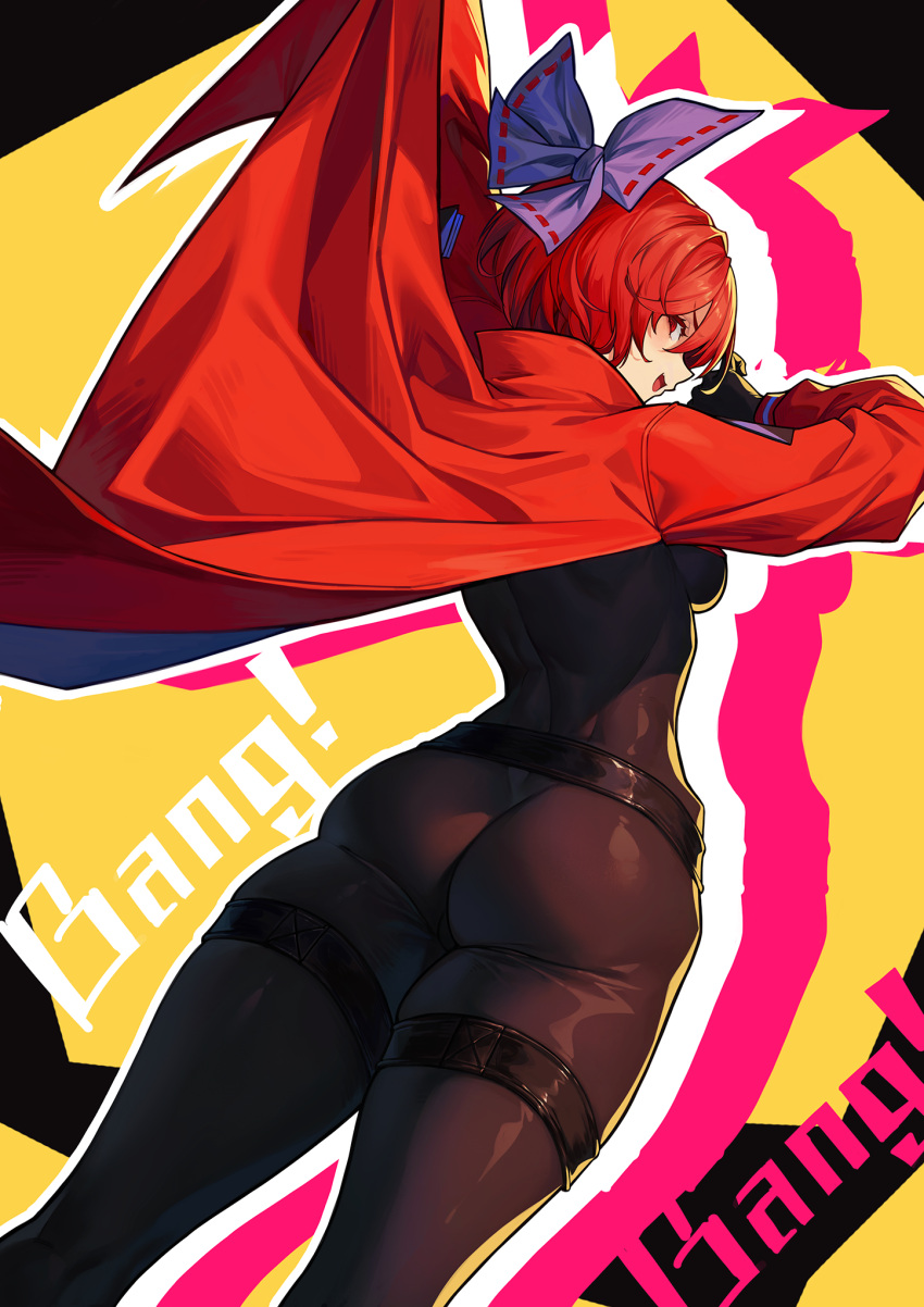 1girl, akatsuki_records, ass, belt, blue_bow, bow, breasts, cape