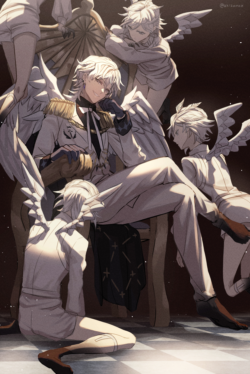 5boys, akizuno, akuma_shitsuji_to_kuroi_neko, angel, angel_wings, black_gloves, cherubim_(akuma_shitsuji_to_kuroi_neko), ear_piercing, epaulettes, feathered_wings, gloves, head_rest, highres, long_sleeves, male_focus, medium_hair, multiple_boys, piercing, short_hair, sitting, tenshi_(akuma_shitsuji_to_kuroi_neko), throne, white_eyes, white_hair, wings