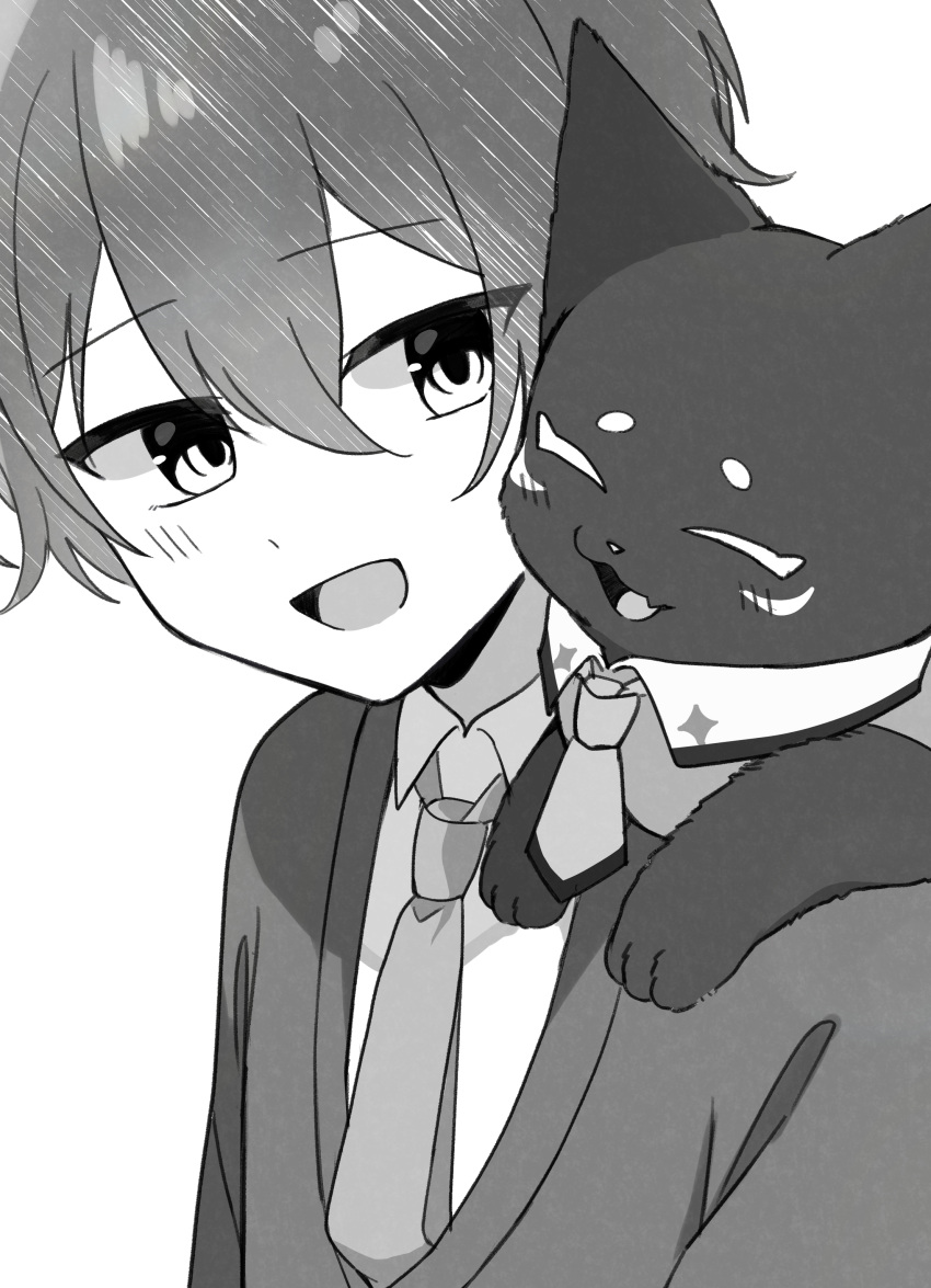 2boys, absurdres, akuma_shitsuji_to_kuroi_neko, animal_on_shoulder, blush, cat, closed_eyes, collared_shirt, grey_shirt, highres, looking_at_another, master_(akuma_shitsuji_to_kuroi_neko), monochrome, multiple_boys, muu_(akuma_shitsuji_to_kuroi_neko), necktie, open_mouth, school_uniform, shirt, short_hair, smile, sumino_iro, sweater