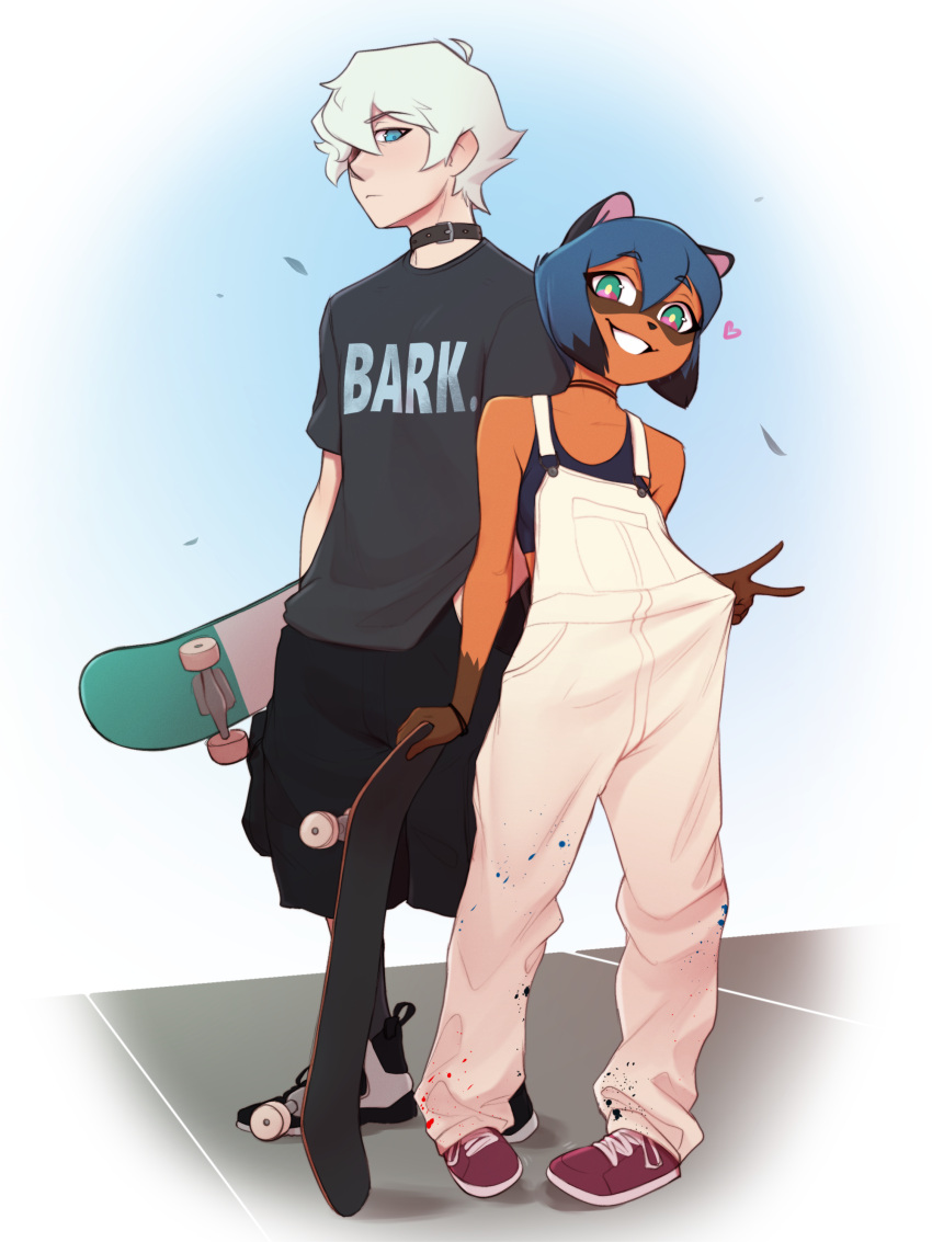 1boy, 1girl, absurdres, black_shorts, blue_eyes, blue_hair, brand_new_animal, full_body