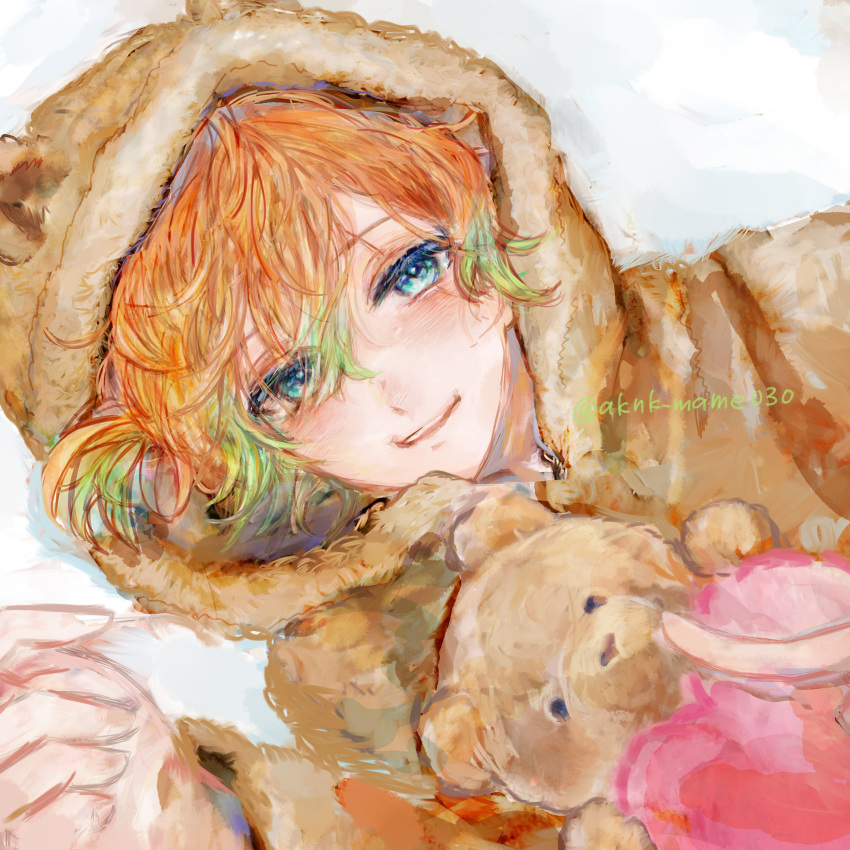 1boy, absurdres, akuma_shitsuji_to_kuroi_neko, androgynous, aqua_eyes, brown_hoodie, highres, holding, holding_stuffed_toy, hood, hood_down, hoodie, light_green_hair, looking_at_viewer, lying, male_focus, maruma_mekuro, multicolored_hair, open_mouth, orange_hair, pillow, side_ponytail, smile, solo, stuffed_animal, stuffed_toy, teddy_bear, teddy_brown, twitter_username