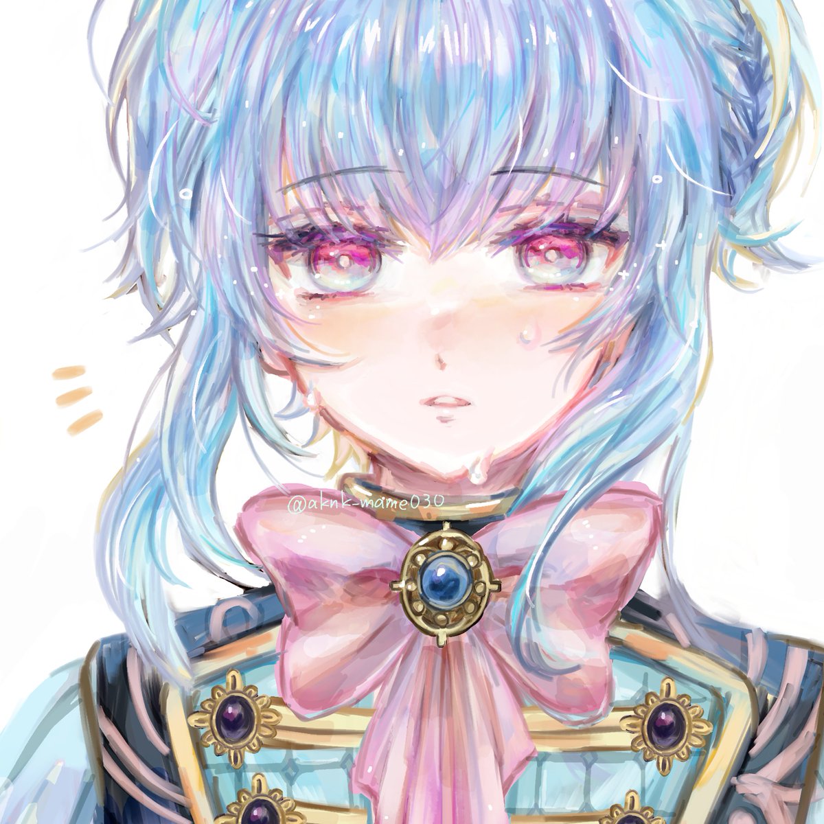 1boy, akuma_shitsuji_to_kuroi_neko, androgynous, blue_eyes, blue_hair, blush, bow, braid