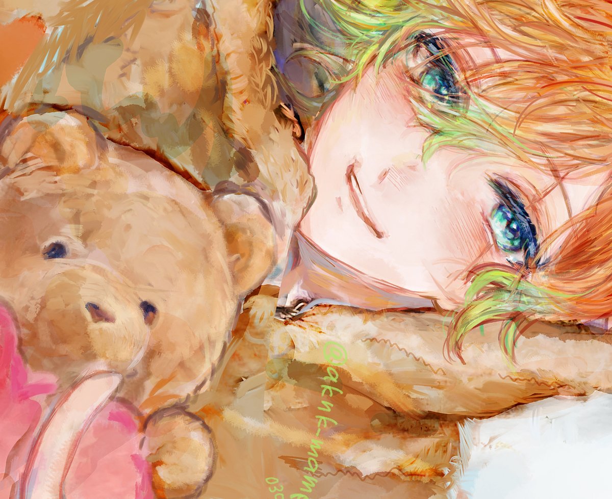 1boy, akuma_shitsuji_to_kuroi_neko, androgynous, aqua_eyes, brown_hoodie, holding, holding_stuffed_toy, hood, hood_down, hoodie, light_green_hair, looking_at_viewer, lying, male_focus, maruma_mekuro, multicolored_hair, open_mouth, orange_hair, pillow, smile, solo, stuffed_animal, stuffed_toy, teddy_bear, teddy_brown, twitter_username