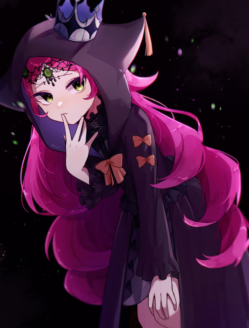 1girl, absurdres, akuma_shitsuji_to_kuroi_neko, animal_ears, animal_hood, black_background, black_dress, black_skirt, closed_mouth, dress, elvira_(akuma_shitsuji_to_kuroi_neko), fake_animal_ears, finger_to_own_chin, green_eyes, highres, hood, long_hair, long_sleeves, looking_at_viewer, multicolored_background, pink_hair, purple_background, skirt, solo, sumino_iro