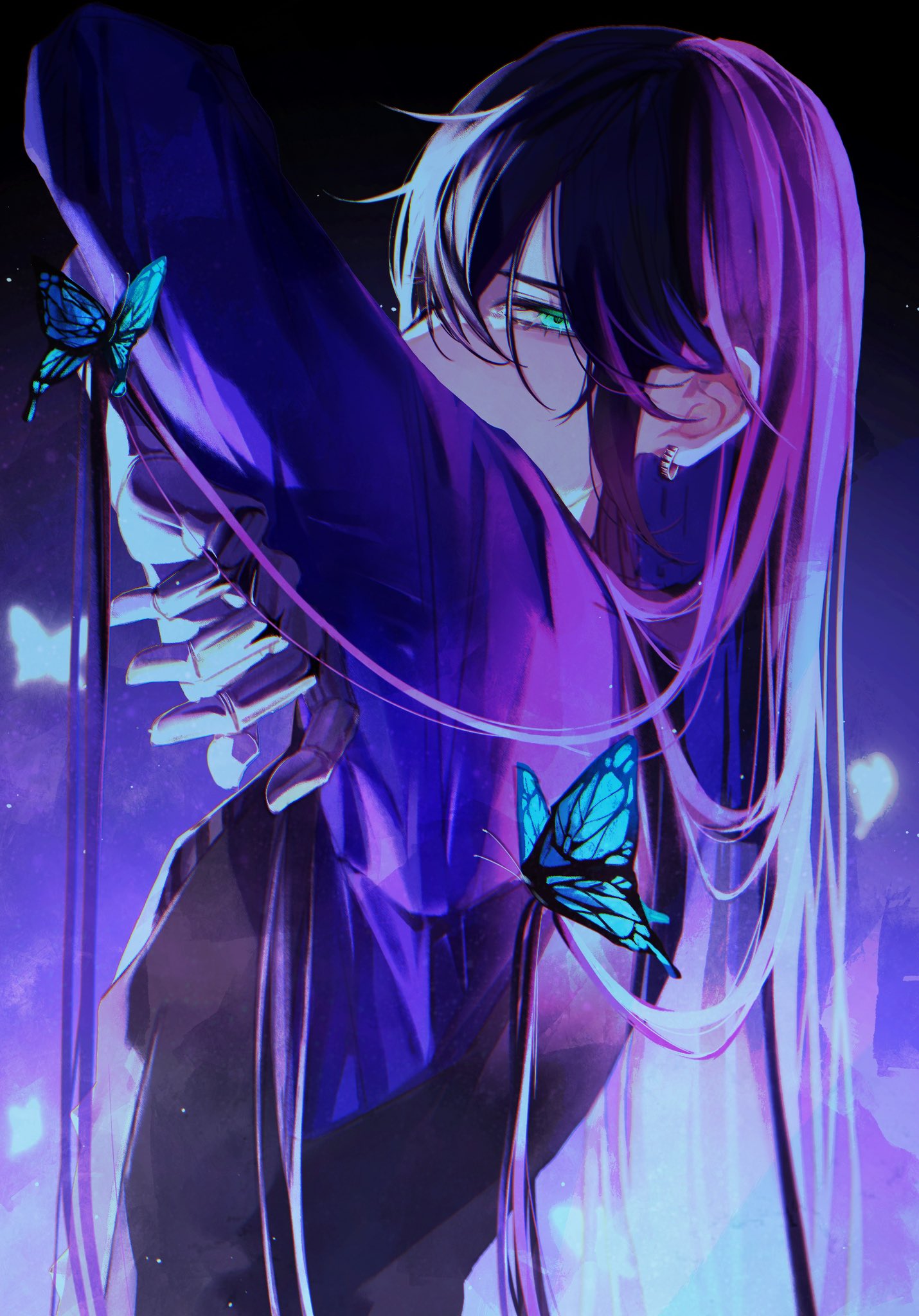 1boy, akuma_shitsuji_to_kuroi_neko, aqua_eyes, black_background, blue_butterfly, boschi_arenas, bug, butterfly, earrings, facing_to_the_side, gloves, hair_down, highres, jewelry, long_hair, looking_at_viewer, male_focus, multicolored_background, ohachi08, purple_background, purple_hair, solo, white_gloves