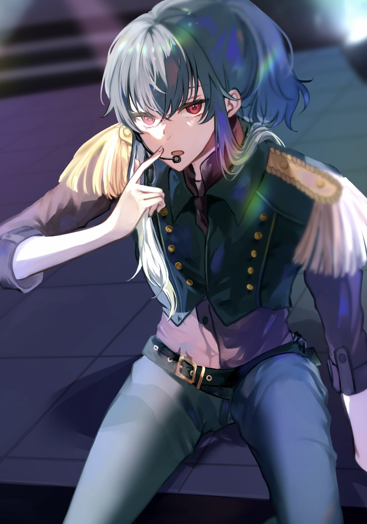 1boy, akuma_shitsuji_to_kuroi_neko, aqua_hair, bastien_kelly, belt, beni_aknk, collared_shirt, epaulettes, green_belt, green_pants, green_vest, grey_shirt, headset, highres, idol_clothes, long_hair, looking_at_viewer, male_focus, open_mouth, pants, ponytail, red_eyes, shirt, solo, vest