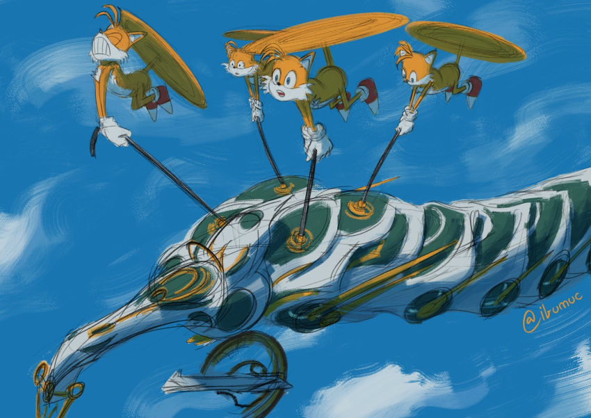 4boys, animal_nose, blue_eyes, blue_sky, clouds, day, flying, fox_boy