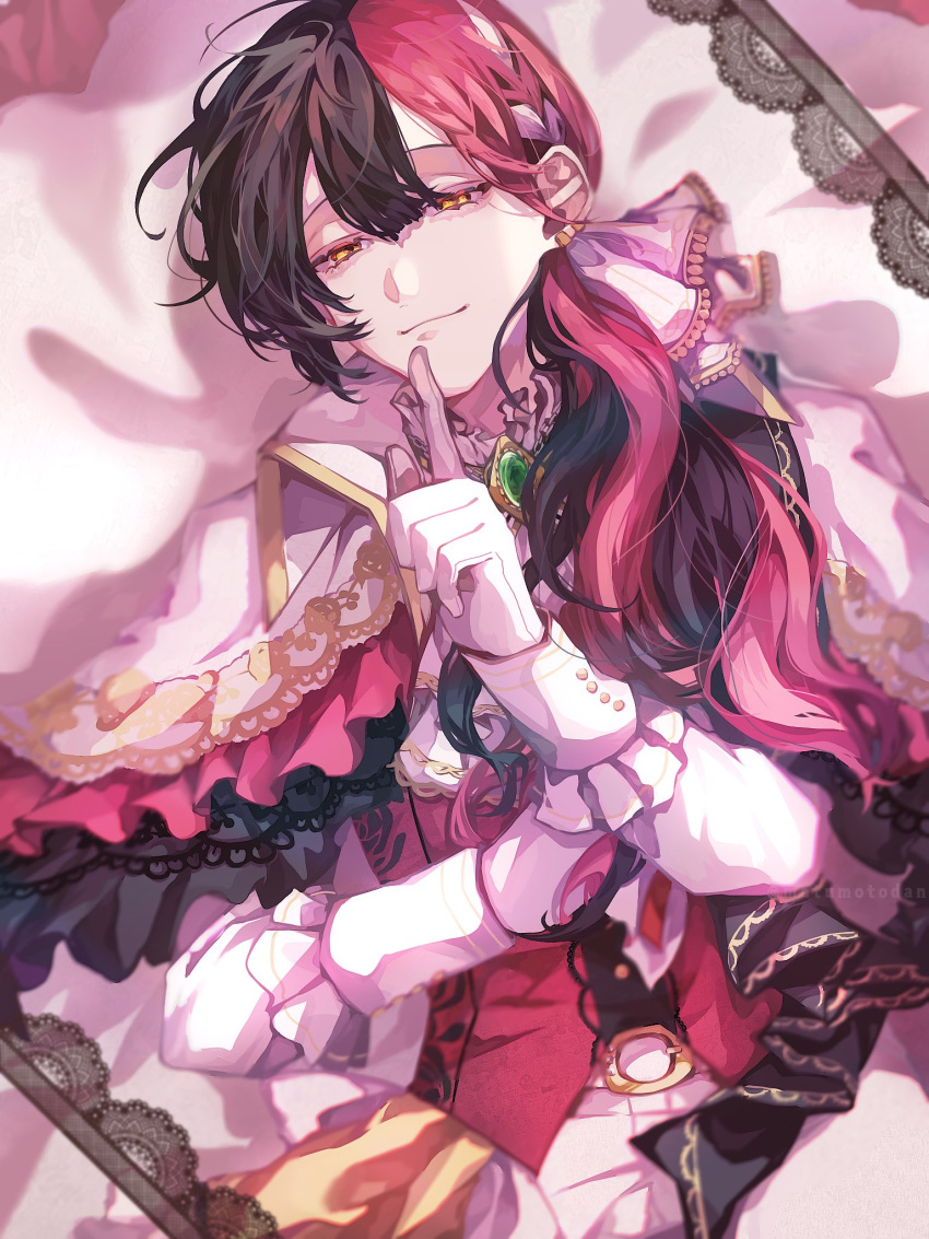 1boy, akuma_shitsuji_to_kuroi_neko, bed, bishounen, black_hair, braid, closed_mouth, earrings, finger_to_mouth, formal, gloves, highres, jewelry, long_hair, long_sleeves, lucas_thompscie, male_focus, matumotodan, multicolored_hair, orange_eyes, pink_hair, shushing, solo, split-color_hair, white_gloves, white_hair