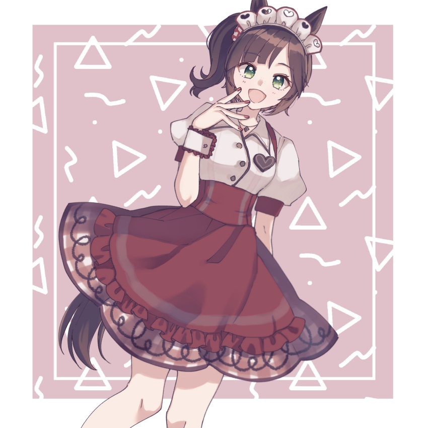 1girl, animal_ears, arm_at_side, breasts, brown_hair, feet_out_of_frame, green_eyes, hand_up