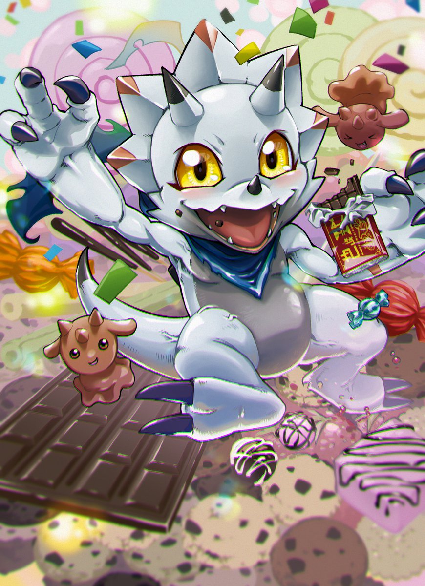 candy, chocolate, chocolate_bar, chocomon, closed_eyes, cookie, digimon, digimon_(creature)